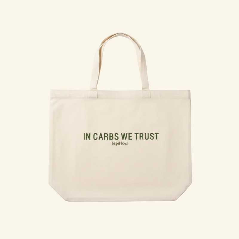Bagel Boys tote bag flat lay - In Carbs We Trust side